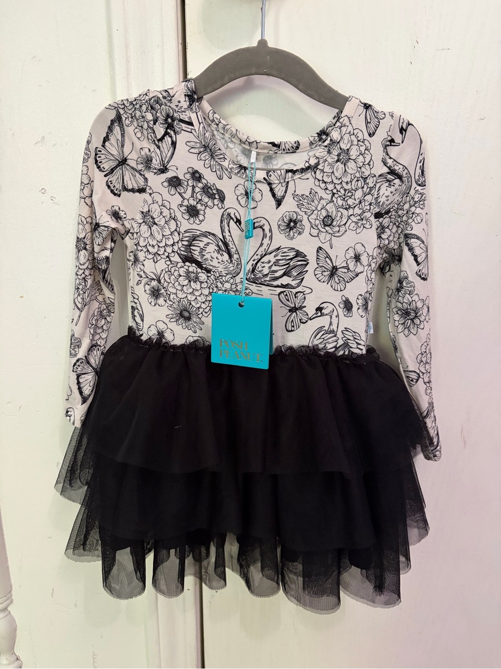 Posh Peanut Black & White Swans Floral Tulle Tutu Dress, 2 T, NWT